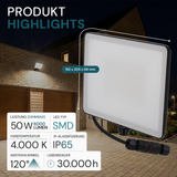 LED-Fluter, BeamPlug, 50 W, 4000 K (neutralweiß), 6000 lm, schwarz, energiesparend, verstellbare Leuchtrichtung, Plug-In Sensor Vorrichtung, IP65 Kabelverbinder, Wand- & Eckmontage