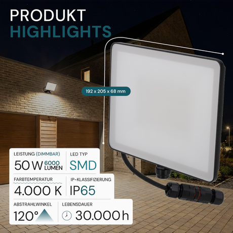 LED-Fluter, BeamPlug, 50 W, 4000 K (neutralweiß), 6000 lm, schwarz, energiesparend, verstellbare Leuchtrichtung, Plug-In Sensor Vorrichtung, IP65 Kabelverbinder, Wand- & Eckmontage