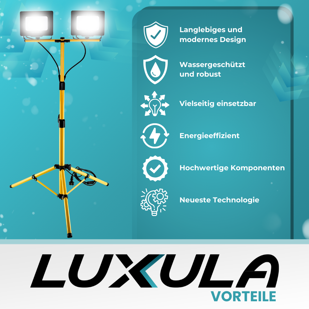 LED Baustrahler mit Stativ, 2x 30 W, 4000 K (neutralweiß), 6000 lm, IP65, Schuko-Stecker, Ein/Aus-Schalter