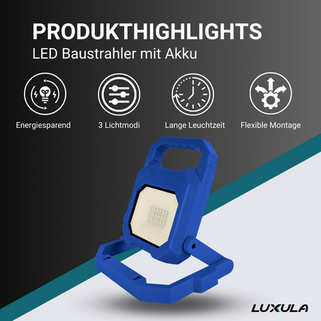 LED Baustrahler mit Akku, faltbar, 6 W, 800 lm, 4000 K (neutralweiß), IP54, 7 Stunden Lichtzeit, USB In- und Output, flexible Arbeitsleuchte