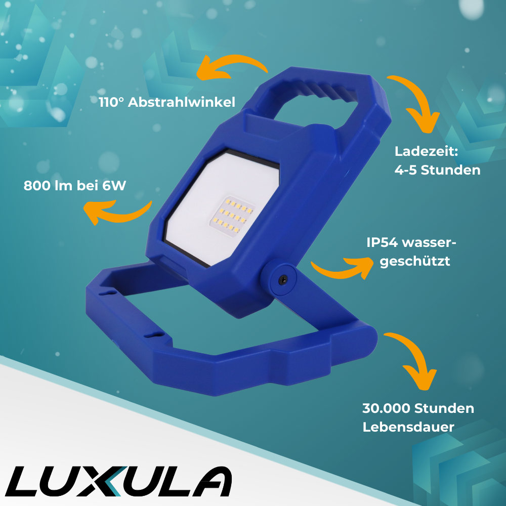 2er Set LED Baustrahler mit Akku, faltbar, 6 W, 800 lm, 4000 K (neutralweiß), IP54, 7 Stunden Lichtzeit, USB In- und Output, flexible Arbeitsleuchte