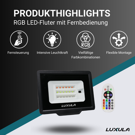 RGB LED-Fluter, 20 W, schwarz, IP65, mit Fernbedienung, RGBW-Farbwechsel