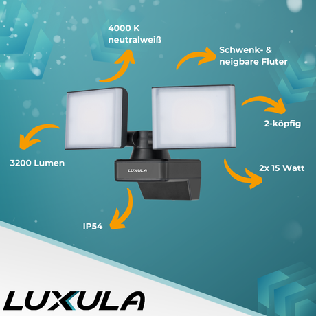 Schwenkbarer LED Fluter, 2-köpfig, 2x 15 W, 3200 lm, 4000 K (neutralweiß), IP54, flexibler Strahler, Aluminiumguss, Wandleuchte | Lichttechnik24.de.