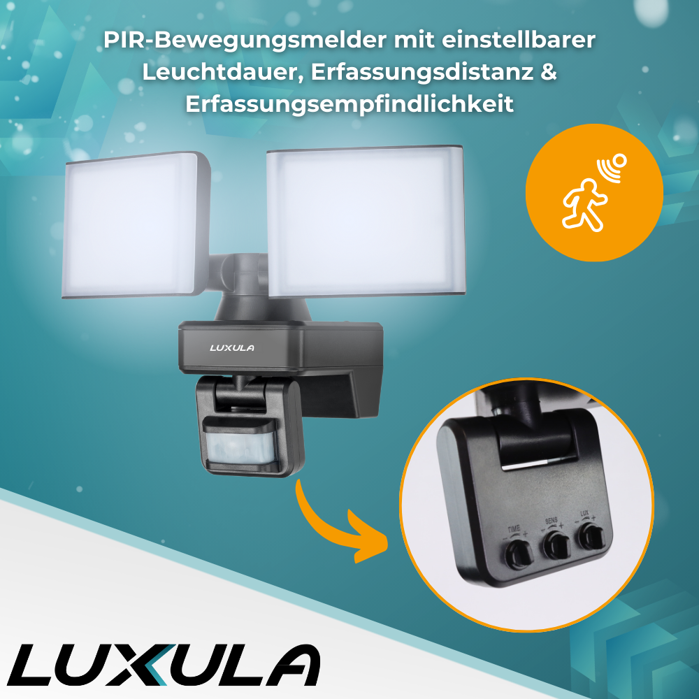 Schwenkbarer LED Fluter mit Bewegungsmelder, 2-köpfig, 2x 15 W, 3200 lm, 4000 K (neutralweiß), IP54, flexibler Strahler, Aluminiumguss, Wandleuchte | Lichttechnik24.de.