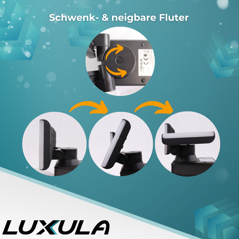 Schwenkbarer LED Fluter mit Bewegungsmelder, 2-köpfig, 2x 15 W, 3200 lm, 4000 K (neutralweiß), IP54, flexibler Strahler, Aluminiumguss, Wandleuchte | Lichttechnik24.de.