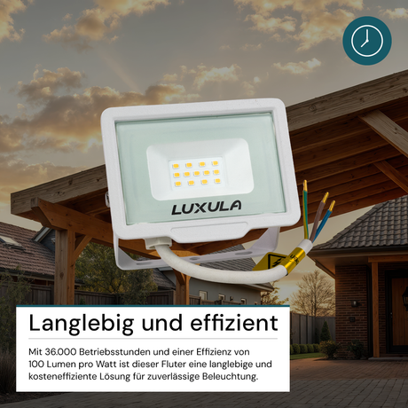 LED-Fluter, 10 W, 3000 K (warmweiß), 1000 lm, weiß, IP65.