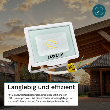 LED-Fluter, 20 W, 3000 K (warmweiß), 2000 lm, weiß, IP65.