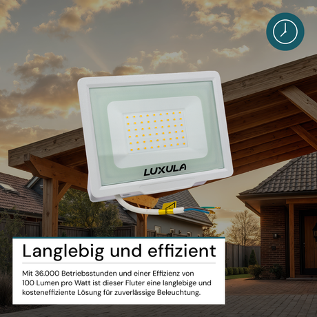 LED-Fluter, 50 W, 3000 K (warmweiß), 5000 lm, weiß, IP65.