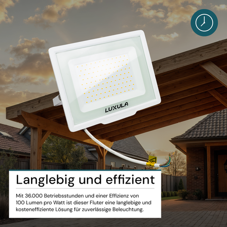 LED-Fluter, 100 W, 3000 K (warmweiß), 10000 lm, weiß, IP65.