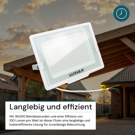 LED-Fluter, 150 W, 3000 K (warmweiß), 15000 lm, weiß, IP65.