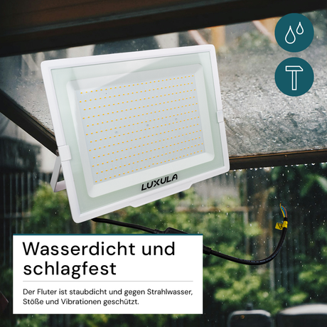 LED-Fluter, 300 W, 3000 K (warmweiß), 30000 lm, weiß, IP65.