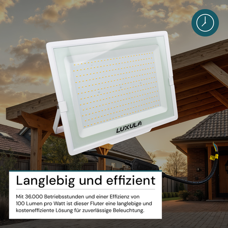 LED-Fluter, 300 W, 3000 K (warmweiß), 30000 lm, weiß, IP65.