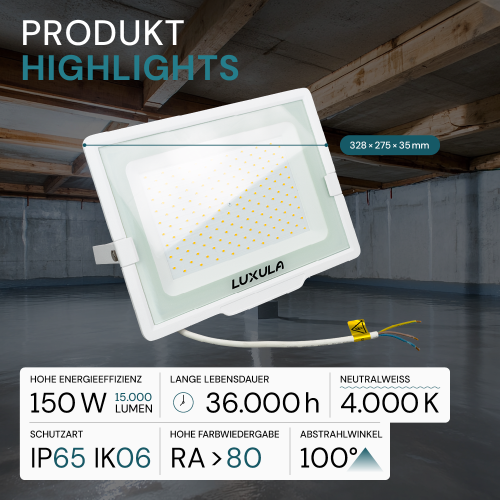 LED-Fluter, 150 W, 4000 K (neutralweiß), 15000 lm, weiß, IP65