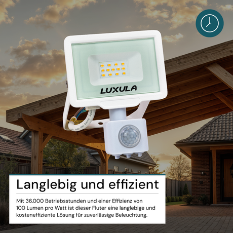 LED-Fluter mit Bewegungsmelder, 10 W, 3000 K (warmweiß), 1000 lm, weiß, IP65.
