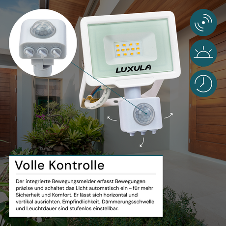 LED-Fluter mit Bewegungsmelder, 10 W, 3000 K (warmweiß), 1000 lm, weiß, IP65.