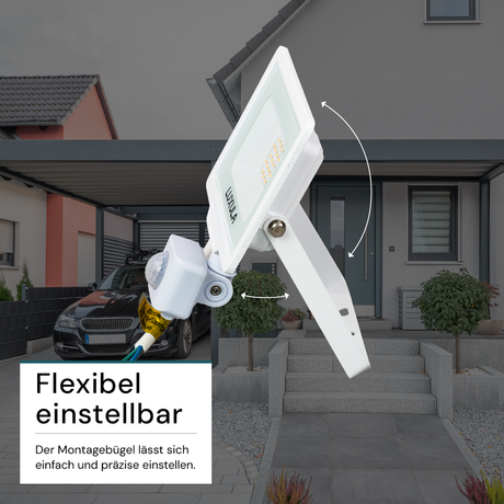 LED-Fluter mit Bewegungsmelder, 20 W, 3000 K (warmweiß), 2000 lm, weiß, IP65.