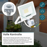 LED-Fluter mit Bewegungsmelder, 20 W, 3000 K (warmweiß), 2000 lm, weiß, IP65.