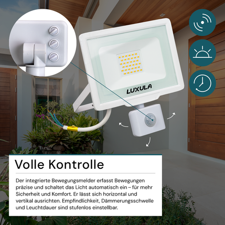 LED-Fluter mit Bewegungsmelder, 30 W, 3000 K (warmweiß), 3000 lm, weiß, IP65.