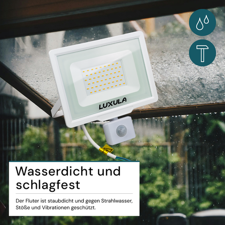 LED-Fluter mit Bewegungsmelder, 50 W, 3000 K (warmweiß), 5000 lm, weiß, IP65.