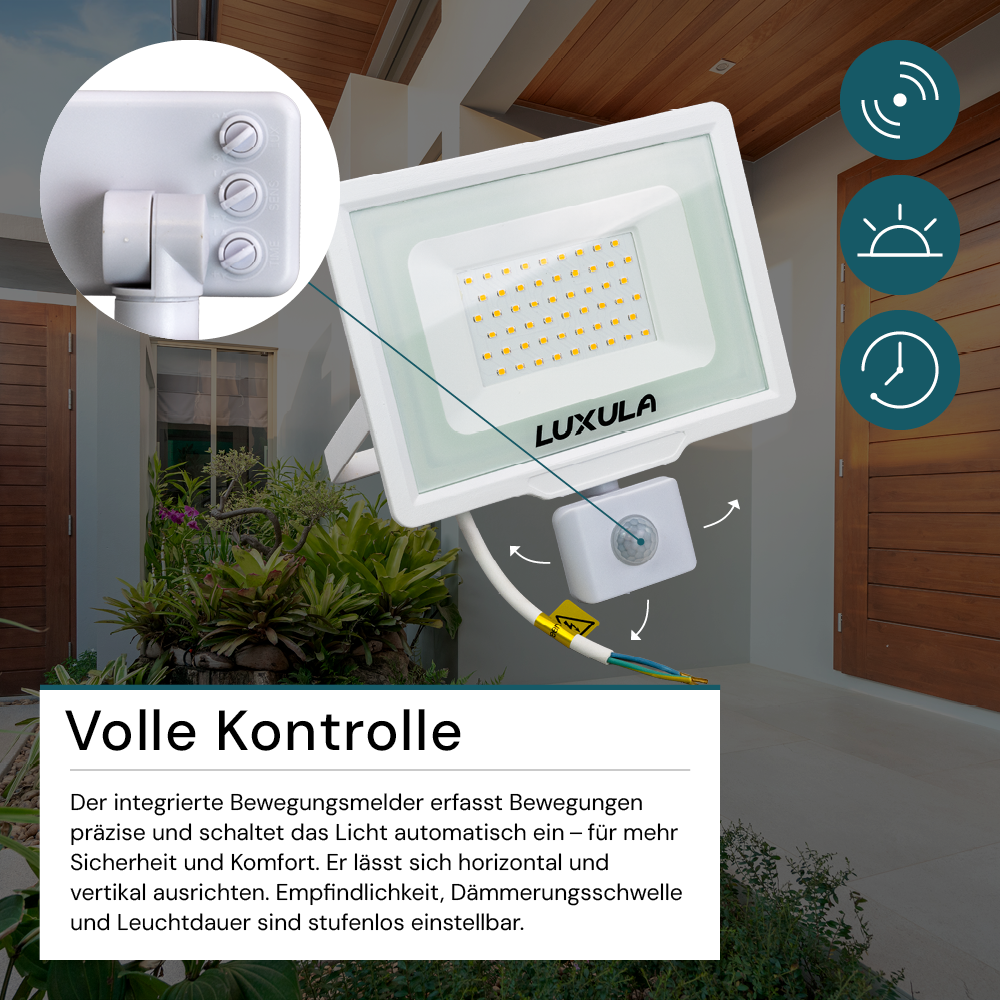 LED-Fluter mit Bewegungsmelder, 50 W, 3000 K (warmweiß), 5000 lm, weiß, IP65