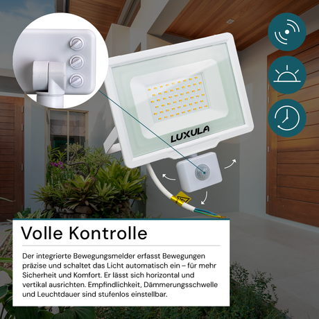 LED-Fluter mit Bewegungsmelder, 50 W, 3000 K (warmweiß), 5000 lm, weiß, IP65.