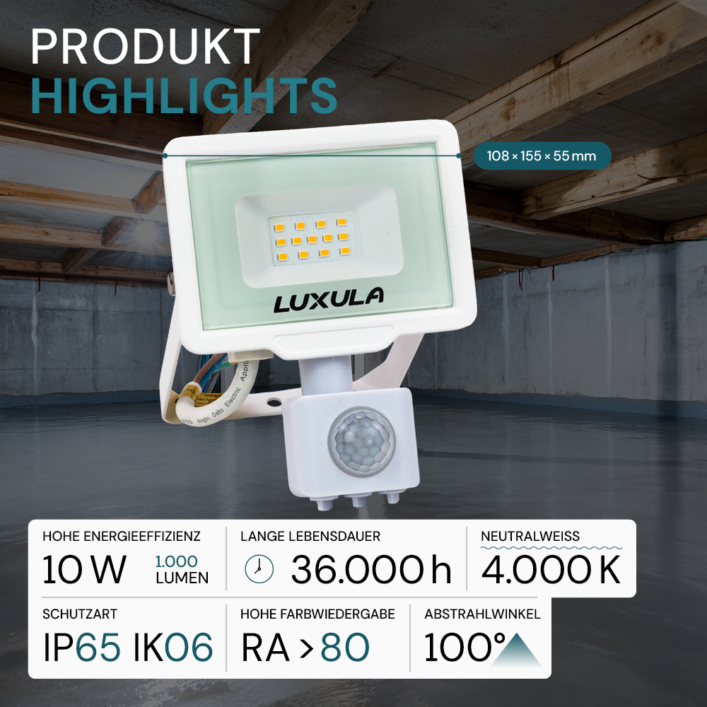 LED-Fluter mit Bewegungsmelder, 10 W, 4000 K (neutralweiß), 1000 lm, weiß, IP65