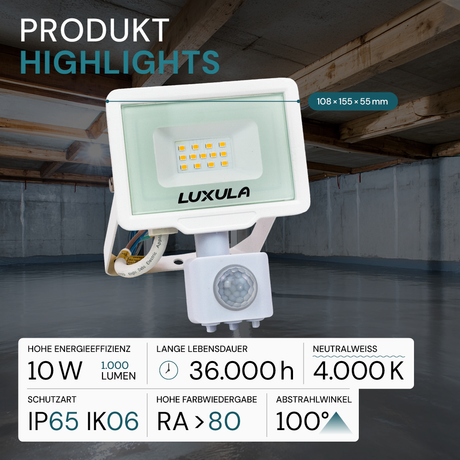 2er Pack LED-Fluter mit Bewegungsmelder, 10 W, 4000 K (neutralweiß), 1000 lm, weiß, IP65