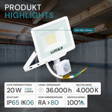 LED-Fluter mit Bewegungsmelder, 20 W, 4000 K (neutralweiß), 2000 lm, weiß, IP65