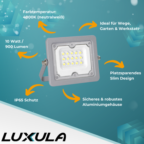 LED-Fluter, 10 W, 4000 K (neutralweiß), 900 lm, grau, IP65