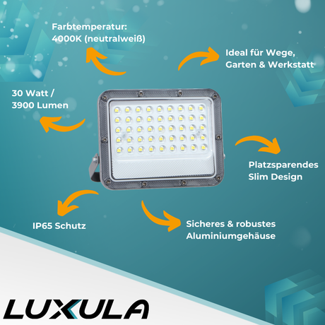 LED-Fluter, 30 W, 4000 K (neutralweiß), 3900 lm, grau, IP65