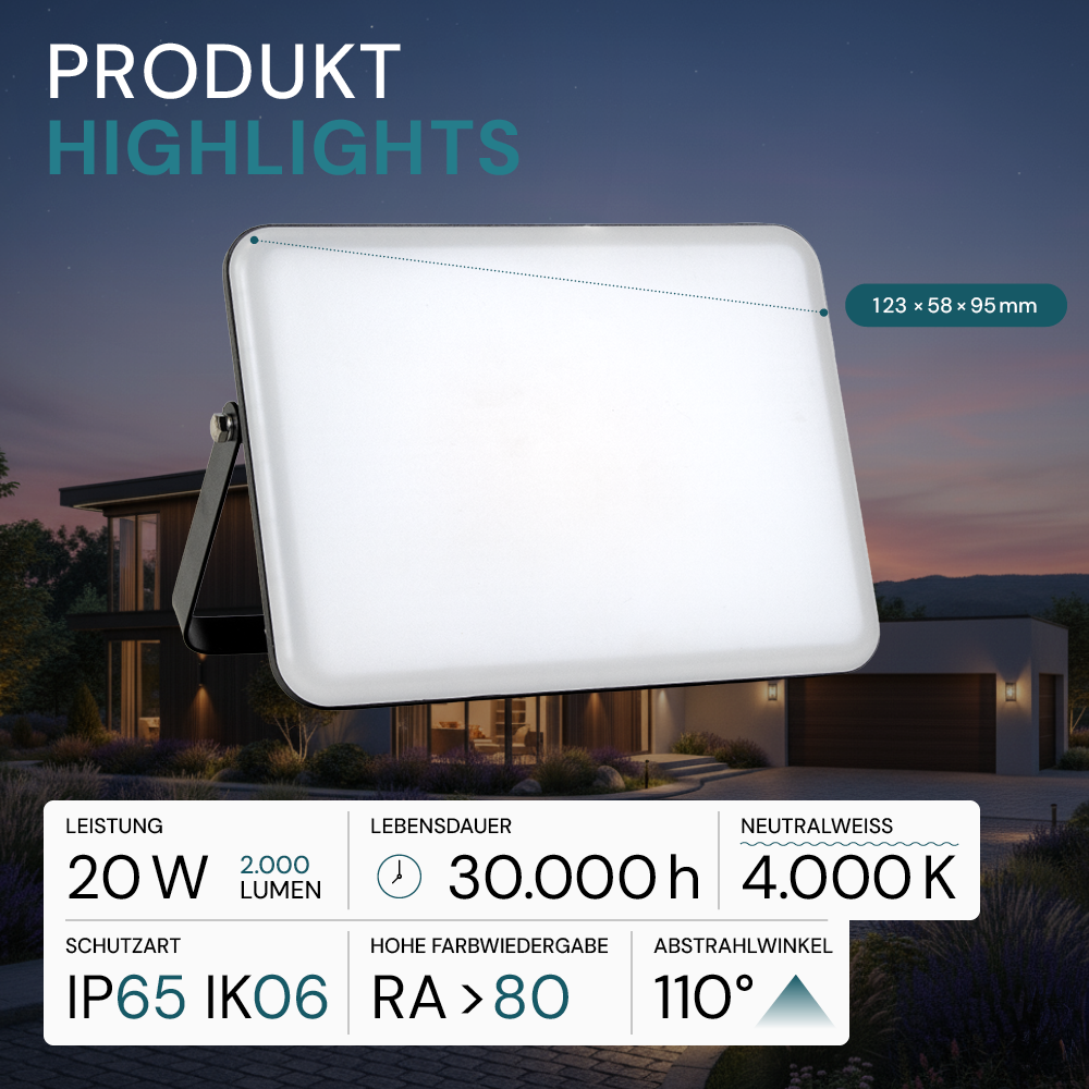 LED-Fluter mit Schnellverbinder, rahmenloses Design, 20 W, 4000 K (neutralweiß), 2000 lm, IP65