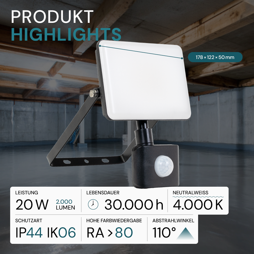 LED-Fluter mit Schnellverbinder & Bewegungsmelder, rahmenloses Design, 20 W, 4000 K (neutralweiß), 2000 lm, IP44