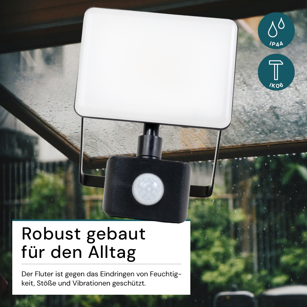 LED-Fluter mit Schnellverbinder & Bewegungsmelder, rahmenloses Design, 20 W, 4000 K (neutralweiß), 2000 lm, IP44