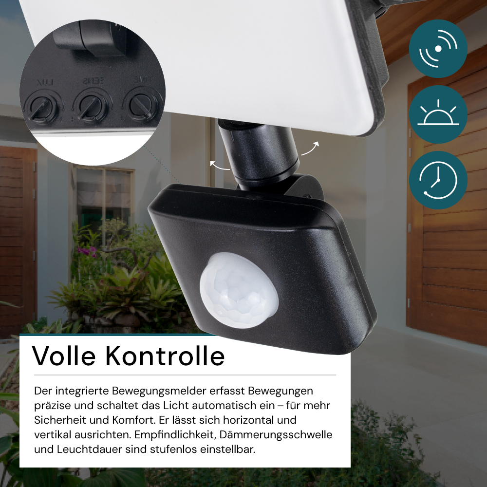 LED-Fluter mit Schnellverbinder & Bewegungsmelder, rahmenloses Design, 20 W, 4000 K (neutralweiß), 2000 lm, IP44