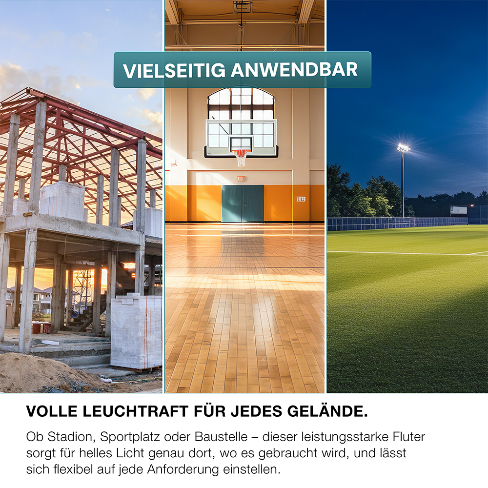 Stadion Fluter, 500 W, 5000 K (neutralweiß), 70000 lm, IP65, MOSO Treiber, hohe Energieeffizienz, Großflächenstrahler