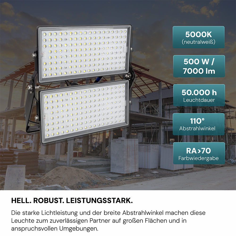 Stadion Fluter, 500 W, 5000 K (neutralweiß), 70000 lm, IP65, MOSO Treiber, hohe Energieeffizienz, Großflächenstrahler