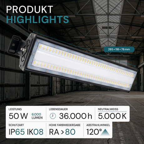10er Pack LED-Hallenleuchte, linear, 50 W, 6000 lm, 5000 K (neutralweiß), IP65, EPISTAR LED, schwarz