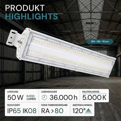 LED-Hallenleuchte, linear, 50 W, 6000 lm, 5000 K (neutralweiß), IP65, EPISTAR LED, weiß