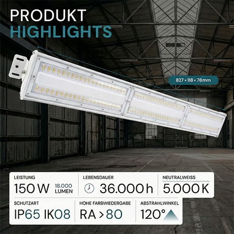 LED-Hallenleuchte, linear, 150 W, 18000 lm, 5000 K (neutralweiß), IP65, EPISTAR LED, weiß