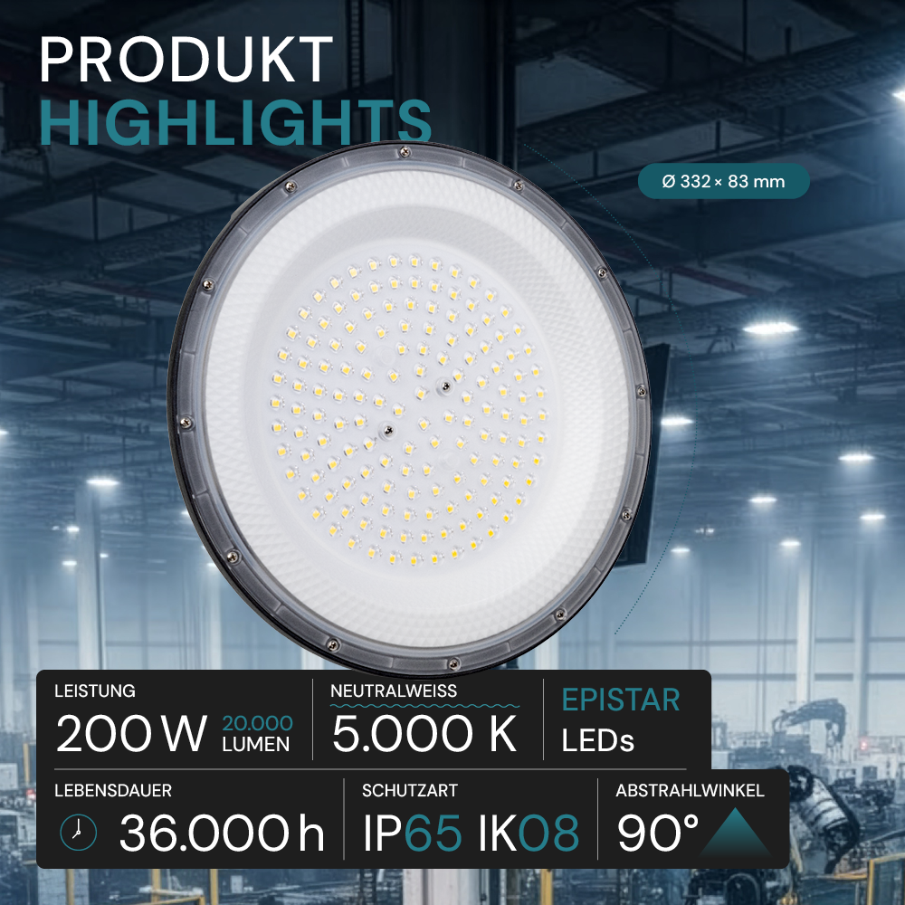 LED-HighBay, UFO, 200 W, 20000 lm, 5000 K (neutralweiß), IP65, EPISTAR