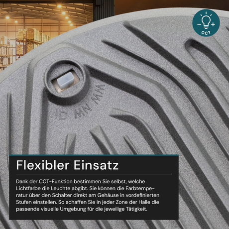 LED-HighBay, UFO, grau, 150 W, 15000 lm, CCT 3000-6500 K (warm-, neutral-, kaltweiß), IP65
