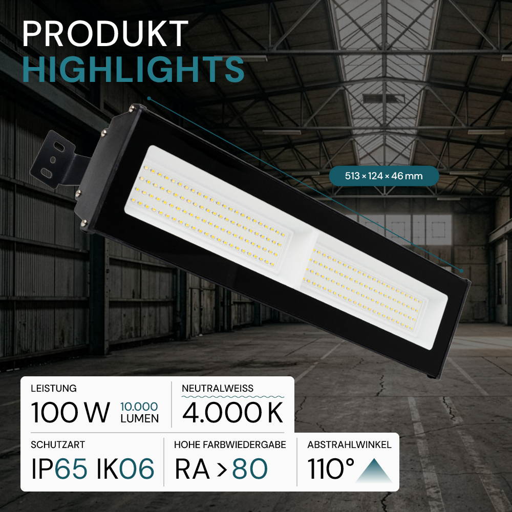 4er Pack LED-Hallenleuchte, linear, 100 W, 10000 lm, 4000 K (neutralweiß), IP65, schwarz