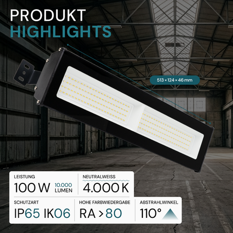 10er Pack LED-Hallenleuchte, linear, 100 W, 10000 lm, 4000 K (neutralweiß), IP65, schwarz