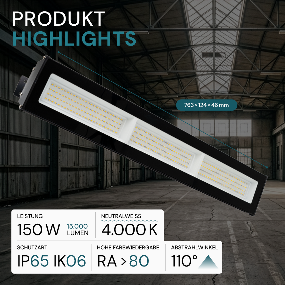 4er Pack LED-Hallenleuchte, linear, 150 W, 15000 lm, 4000 K (neutralweiß), IP65, schwarz