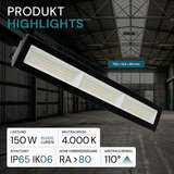 4er Pack LED-Hallenleuchte, linear, 150 W, 15000 lm, 4000 K (neutralweiß), IP65, schwarz
