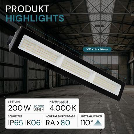 LED-Hallenleuchte, linear, 200 W, 20000 lm, 4000 K (neutralweiß), IP65, schwarz
