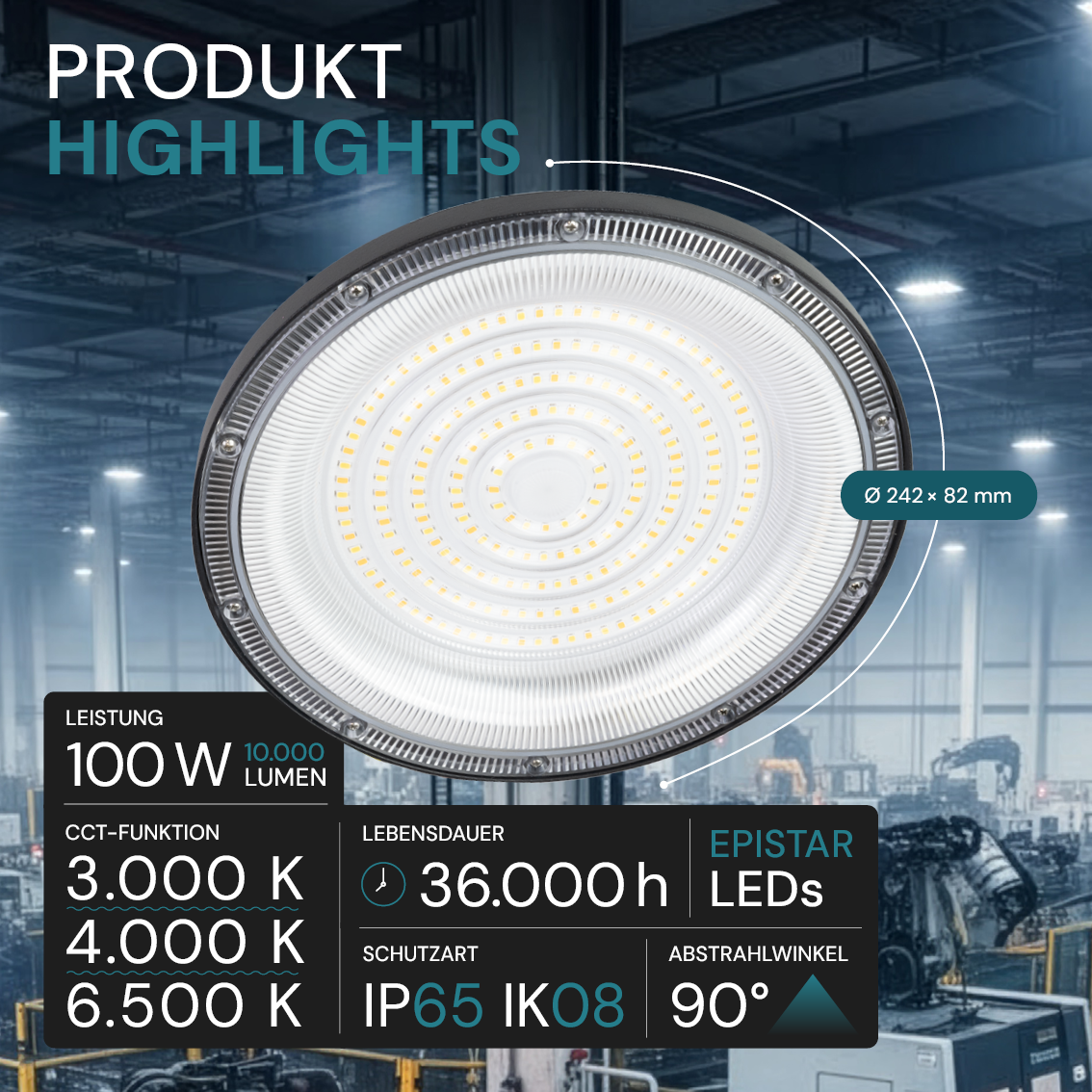 LED-HighBay, UFO, schwarz, 100 W, 10000 lm, 3CCT 3000-6500 K (warm-, neutral-, kaltweiß), IP65.