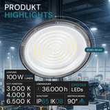 LED-HighBay, UFO, schwarz, 100 W, 10000 lm, 3CCT 3000-6500 K (warm-, neutral-, kaltweiß), IP65.