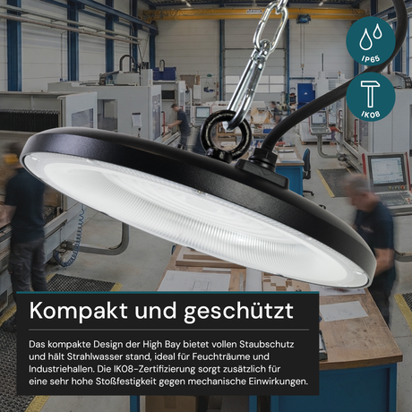 LED-HighBay, UFO, schwarz, 100 W, 10000 lm, 3CCT 3000-6500 K (warm-, neutral-, kaltweiß), IP65.