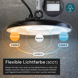 LED-HighBay, UFO, schwarz, 100 W, 10000 lm, 3CCT 3000-6500 K (warm-, neutral-, kaltweiß), IP65.